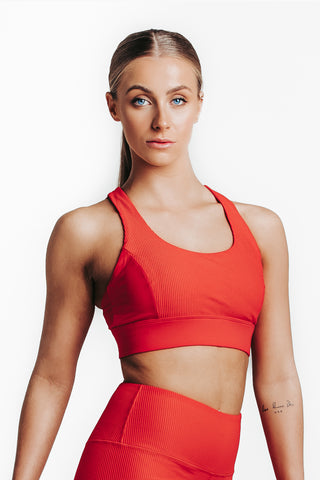 Wrapdrive plush ribbed sports bra red gym wear women top