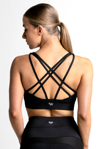Wrapdrive plush ribbed sports bra cosmic black gym wear women top